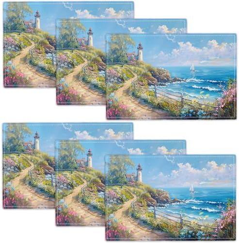 Lighthouse Placemats Set of 6 Beach Coastle Table Mats Blue Ocean Place Mats Decor Imitation Linen Heat Resistant ablecloth for Dining Decoration Kitchen Party Restaurants 12''x18'' by gkmaolt