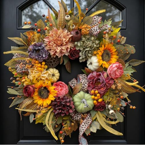Fall Wreaths for Front Door 24 Inch Autumn Wreath with Pumpkins, Sunflowers by SoomeirWreath