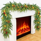 Prelit 50LED - 9 Ft by 12 Inch Christmas Garland with Lights Timer, Real Touch Norfolk Pine Cedar Garland 150 Cypress & 50 Norfolk PE Tips Berries Pine Cones for Indoor Fireplace Mantle Table Decor by TURNMEON