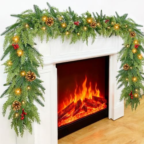 Prelit 50LED - 9 Ft by 12 Inch Christmas Garland with Lights Timer, Real Touch Norfolk Pine Cedar Garland 150 Cypress & 50 Norfolk PE Tips Berries Pine Cones for Indoor Fireplace Mantle Table Decor by TURNMEON