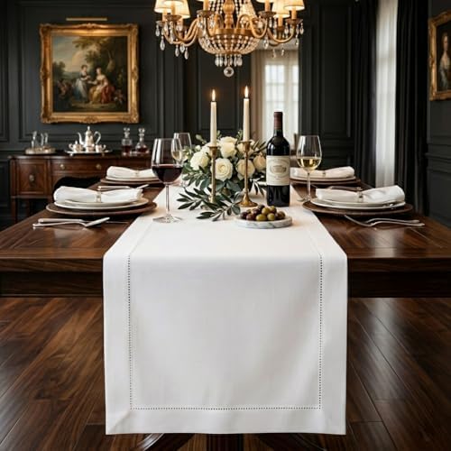 Signature Linen™ by D'Moksha, White Table Runner 72 Inches Long, 100% Pure Linen, Hemstitch, 14 x 72 Inch Table Runner for Dresser, Dining- Fall, Weddings, Outdoor Hosting by DMokshaHomes