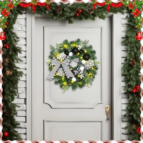 Knitgrip White Black Plaid Pre-Lit Christmas Wreaths for Front Door - Image 5