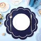 Whaline Dark Blue Linen Placemats Embroidered Round Scalloped Kitchen Table Mats for Party Home Dining Table Decor, Set of 6, 15 x 15 in - Image 4