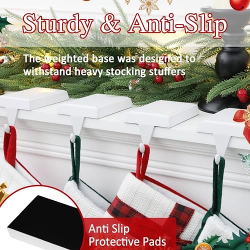 4-Pack Christmas Stocking Holders for Mantel, Weighted Metal Hooks, White - Image 3