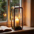 15" High Minimalist Metal Glass Lantern with Handle in Antique Brass for Pillars, Hurricane Candle Holder for Mantels, Tabletop, Centerpieces, Shelves, Entryways, Patio, Deck, Contemporary, Farmhouse - Image 3