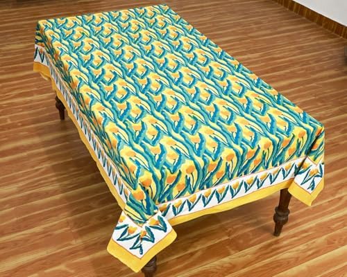 72x160 Inches Rectangle Hand Block Printed Cotton Tablecloth, Yellow Blue Floral Table Cloths Washable, Indian Table Linen For Halloween Christmas Outdoor Thanksgiving Gifts Home Decor Dinning Outdoor - Image 3