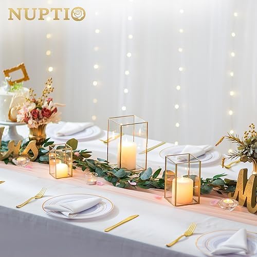 NUPTIO Hurricane Glass Candle Holders: 3Pcs Gold Lanterns Candle Holder for Pillar Candles Geometric Table Centerpiece for Outdoor & Indoor Wedding Christmas Holiday Party Decor 8.1 & 6.5 & 4.7 inch - Image 4