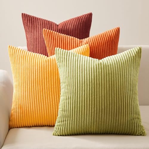 Topfinel Fall Burnt Orange Decorative Throw Pillows Covers 24x24 Inch Set of 4,Yellow Green Gradient Series Corduroy Striped Square Pillow Case,Western Modern Cushion Cover for Couch Sofa Bedroom by Topfinel