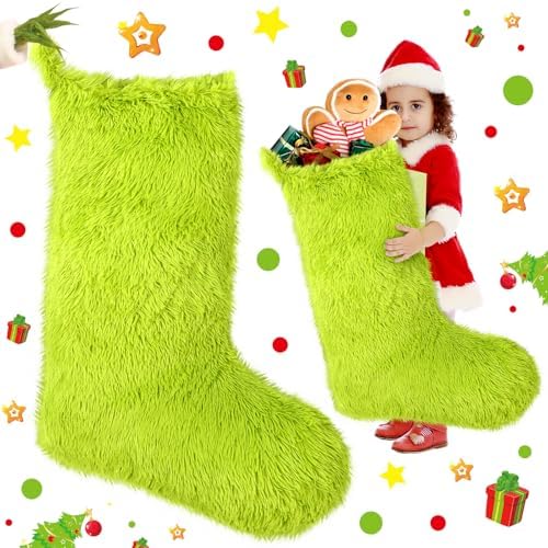 Fourluoo 2 Pcs 41 Inch Jumbo Christmas Stocking Personalized Green Christmas Stockings Large Hanging Faux Fur Treat Bag Candy Pouch Xmas Giant Gift Holder for Xmas Tree Decor by Fourluoo