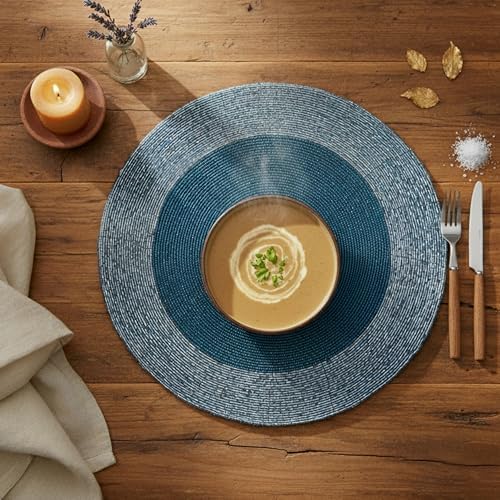 Lightnpro Handmade Beaded Placemats Set of 4 – 13 Inch Round Sky Blue,Handcrafted Artisan Table Accessories, Elegant Silver Farmhouse Dining Table Décor for Special Occasions & Gatherings - Image 2