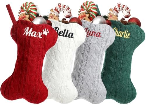Personalized Dog Christmas Stockings,Custom Embroidered Pet Name & Bone Shape Stocking for Pet,Red Green White Cable Knit 15.7” Large Dog Stocking for Fireplace Holiday Decor Gifts(7 Pack) by Infiher