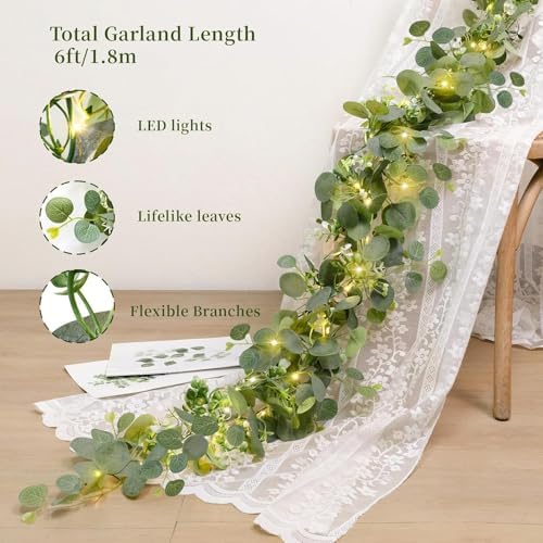 N&T NIETING 4 Pack Artificial Eucalyptus Garland with Lights, 6FT Artificial Greenery Summer Garlands, Battery Operated Twig Vine for Room Stairs Mantle Wedding Holiday Decoration Indoor Outdoor - Image 3
