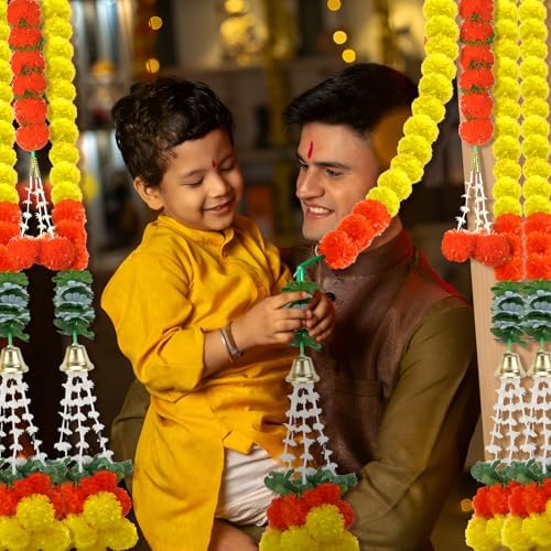 11PCS Diwali Decorations Marigold Garland for Home, Artificial Marigold with Bells and Leaves Long Strands for India Wedding, Pooja Decor, Marigold Flowers for All Year Decoration - Image 7