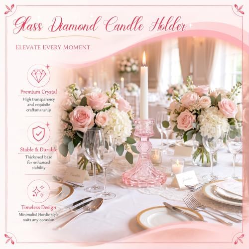 Sieral 24 Pcs Pink Taper Candle Holders 4'' Tall Candlestick Glass Holders Bulk Crystal Decorative Stand Wedding Stick Holder for Anniversary Party Dining Table Festival Decor - Image 4