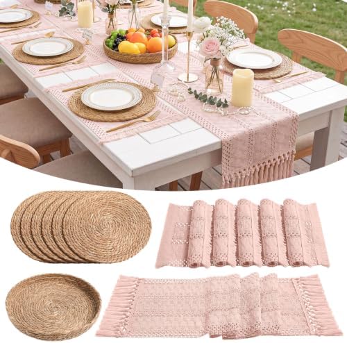 Boho Table Runner and Placemats Set, 6 Sets, Pink, 12x72 by Gandeer