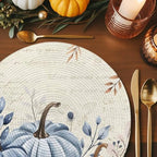 Fall Round Placemats Set of 4 Thanksgiving Blue Pumpkin Place Mats Washable Woven Placemat Autumn Eucalyptus Leaves Circle Braided Table Mat for Kitchen Dining Table Holiday Party Fall Decor 15 Inch - Image 5
