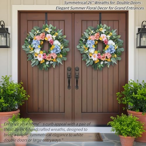 26" Artificial Spring Wreath for Front Door - Large Silk Hydrangea Daisy Rose Mixed Floral Wreath - Farmhouse Porch Wall Decor, Easter Mother's Day Decoration (Multicolor) - Image 3