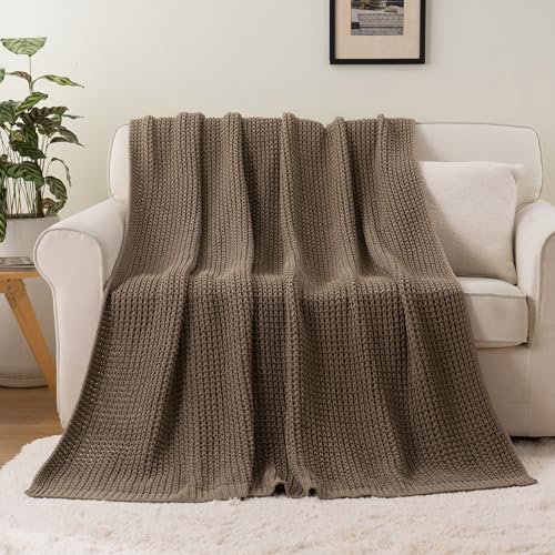 Knitted Waffle Throw Blanket , Camel Tan Throw Blanket for Couch 60x80in - Image 2
