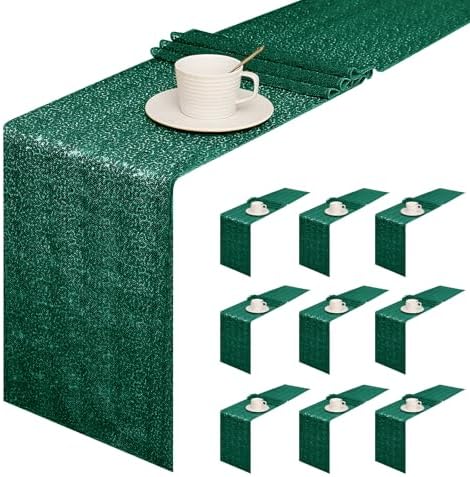 Sugargirl 10 Packs 12 x 72 inches Sequin Table Runner, Glitter Dark Green Table Runner for Birthday Party Supplies Wedding Holiday Celebration Event Decorations by Sugargirl