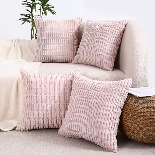 All Smiles Decorative Pink Throw Pillow Covers 18x18 Set of 4 Farmhouse Rustic Boho Home Decor Soft Plush Striped Corduroy Square Cushion Case for Living Room Couch Bed Sofa by AllSmiles