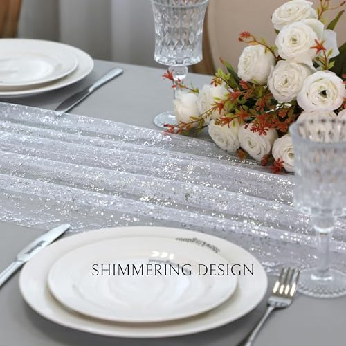 Snowkingdom 10 Pcs 10 FT Silver Table Runners, Sheer Chiffon Gauze Cheesecloth Runner, Sequin Glitter Silver Party Table Decoration Centerpieces for Wedding Christmas Birthday Bridal Baby Shower - Image 3