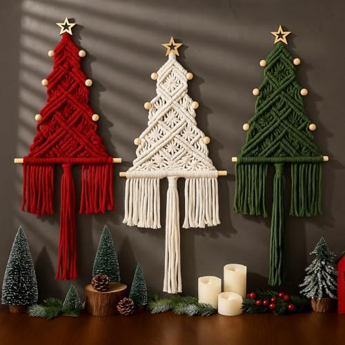3 Pcs Large Macrame Christmas Tree Decor, White,Red,and Green by HunnmingRe