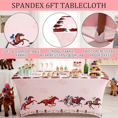 Oudain 2 Pcs Derby Day Table Cover Stretch Tablecloth 6 ft Horse Racing Tablecloth - Image 3