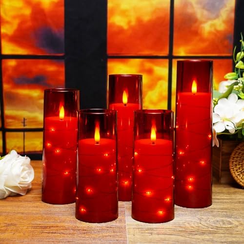 kakoya Flameless LED Candles with Timer 5 Pc Flickering Flameless Candles for Romantic Ambiance and Home Decoration Stable Acrylic Shell,with Embedded Star String，Battery Operated Candles（Red） - Image 6