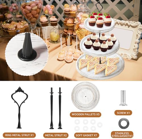 Wooden Cupcake Stand 3 Tiers, Rustic, 50 Cupcakes, Round Tiered Dessert Display, Wedding/Birthday Party, White - Image 4