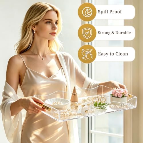 SXNOWS 12"x16" Clear Acrylic Serving Tray with Gold Handles - Image 3