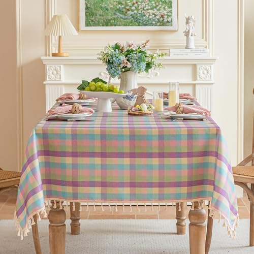 JIALE Easter Gingham Tablecloth Cotton Linen Fabric Colorful Checkered Table Cloth with Tassel, Washable Wrinkle Free Buffalo Plaid Table Cover for Spring Summer Dining Party, Multi Purple, 55X106'' - Image 4