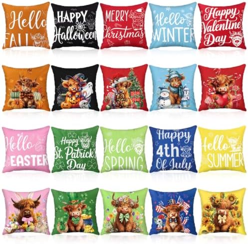 Mindsoft 20 Pcs Holiday Pillow Covers 18 x 18 Easter Pillow Cover Spring Summer 250th Anniversary Pillowcase Decorative Seasonal Cushion Case for Farmhouse Home Sofa(Highland Cow) by Mindsoft