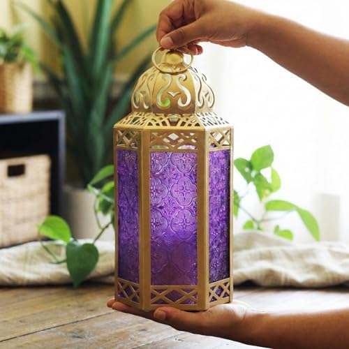 VELA LANTERNS 12" Metal Moroccan Decorative Candle Lantern Holders for Hanging or Table, Indoor Home Decor, Outdoor Patio or Porch, Weddings, Gold, Purple Glass, Large, Set of 2 - Image 6
