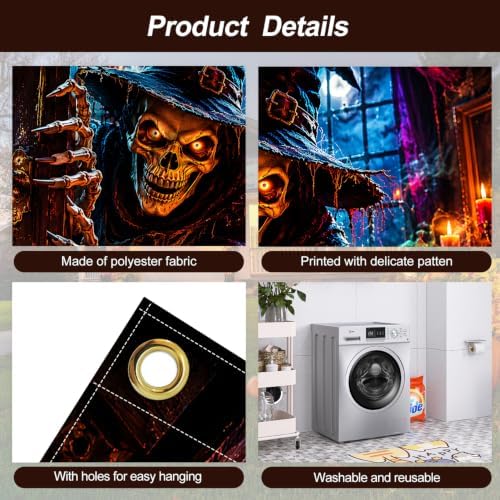 Gothic Halloween Garage Door Banner 7x16ft, Spooky Skeleton Wizard Opening Door Outdoor Decoration, Witch Hat Demon Claws Double Garage Door Cover Tapestry Mural for House Front Holiday Decor - Image 4