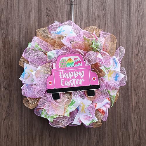 Easter Wreaths for Front Door with Lights,Easter Door Wreath,Easter Mesh Wreath,Bunny Spring Colorful Easter Decorations Holiday Ornament for Home Indoor Outdoor Supplies (Pink Car) - Image 5