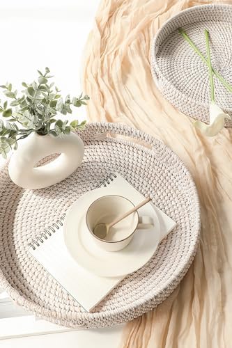 HITOMEN 14.2" Hand-Woven Round Rattan Serving Tray Decorative Ottoman Wicker Platter with Handles for Coffee Table, Breakfast, Drinks, Snack, Bread, Fruit, Vegetables (Whitewash-L) - Image 2