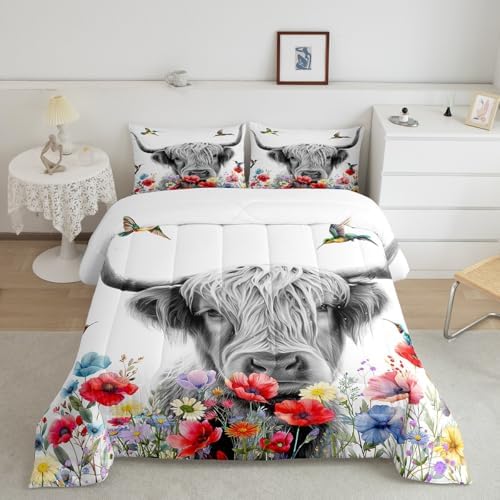 Highland Cow Comforter Set King, Red Poppy Floral Bedding Set for Teens Boys Girls Adult, Hummingbird Western Funny Animals Quilt Set Cattle Bull Cattle Wild Animals Farmhouse Down Comforter by Erosebridal