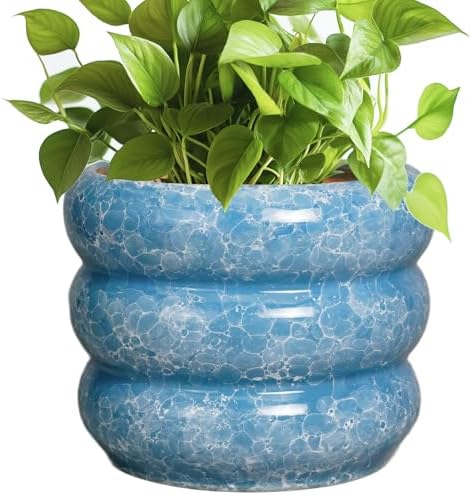 SQOWL 8 Inch Plant Pot with Drainage Hole - Ceramic Pot for Plants Outdoor Planter for Indoor Plants Decorative Plant Pot Medium Flower Pot Round Planter for Bathroom House Decor Blue by SQOWL