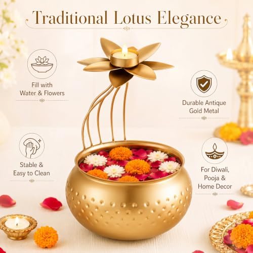 LemonRoad Diwali Urli Bowl with Lotus Tealight Candle Holder 10 Inch - Image 3