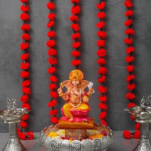 3.5 Ft Red Woolen Marigold Garland | Artificial Flower Garlands | Hosuewarming Indian Wedding Decoration | Woolen Bulk Floral Garlands Wall Decor, Backdrop, Diwali Décor | (Pack of 5) - Image 4