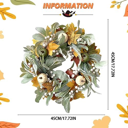 GLLBTPT Fall Wreath Full Handcrafted Autumn Front Door Wreath with Pumpkins Maple Leaves Berries for Halloween Thanksgiving Harvest Decoration (Green Leaf) - Image 2