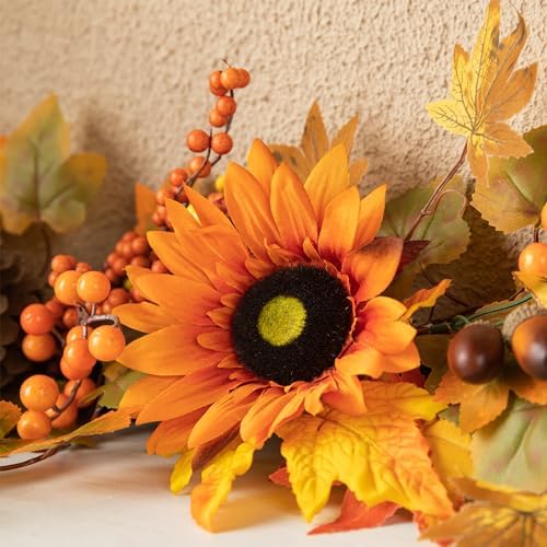 Glitzhome 6FT Fall Thanksgiving Garland, Artificial Hanging Sunflower & Maple Leaf & Berry Garland, Autumn Decor for Home Christmas Thanksgiving Halloween Wedding - Image 5
