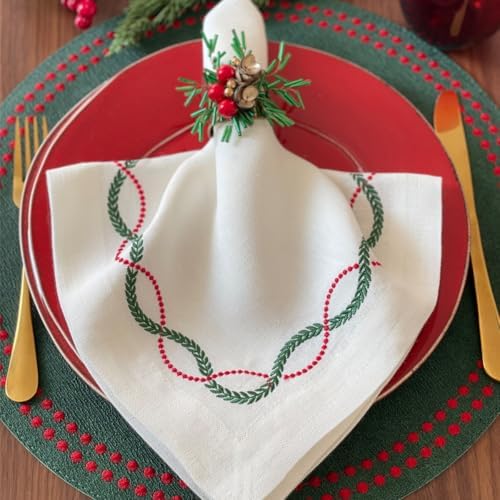 Bodrum Pearls Round Embroidered Placemats Set of 4 – 15" Elegant Table Mats for Dining, Weddings & Special Occasions, Decorative, Wipe-Clean Vinyl Placemats, Forest/Red - Image 4