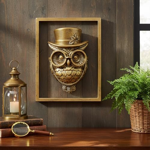 Newinhome Animal Heads Wall Decor (Includes Metal Frame) Halloween Resin Animals Sculptures Head Wall Hanging Decoration Gold vintage Wall Sculpture for Living Room Bedroom Office(Owl) - Image 2