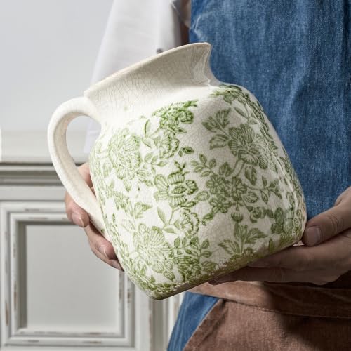 Ceramic Vintage Flower Vase, Utensil Holder, Green and White Decorative Vase Chinoiserie Decor Rustic Farmhouse Retro Floral Vases for Table Bookshelf Mantel Kitchen Living Room - 6.7” Green 016 - Image 3