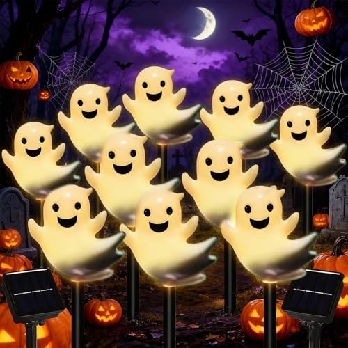 Halloween Solar Lights for Outdoor Decorations, 5 Pack Ghost Pathway Lights, Solar Ghost Lights for Garden, Yard, Party Halloween Decor (Happy) - Image 6