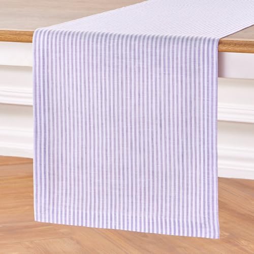 Solino Home 100% Linen Table Runner, 14 x 60 in, Lavender and White Striped - Image 3