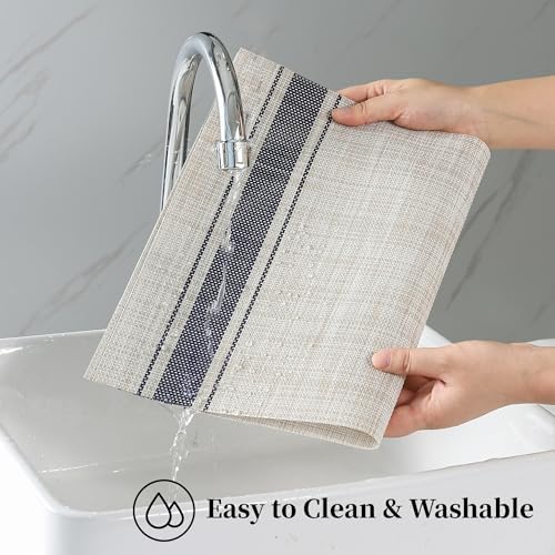 Leetaltree Khaki-Blue Placemats, Heat Resistant Non-Slip Place mats for Dining Table, Washable Durable PVC Vinyl Woven Table Mats (Set of 12) - Image 3