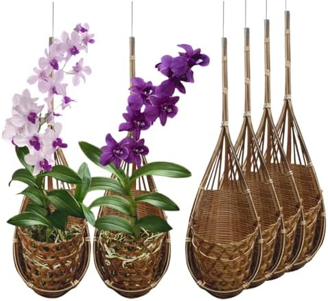 Handmade 100% Thai Bamboo Hanging Orchid Basket – 4 Inch Set of 6 by Panwa