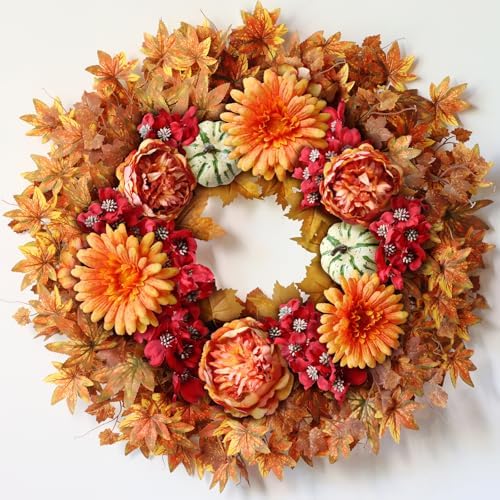 26" Artificial Fall Wreath, Silk Flowers Maple Leaf for Front Door (Orange) by YXZZWL